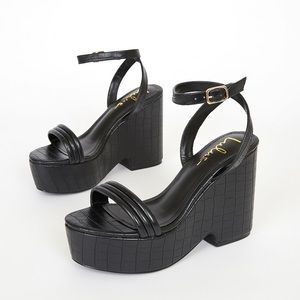 Lulus Black Crocodile Embossed Platform Wedge Sandal